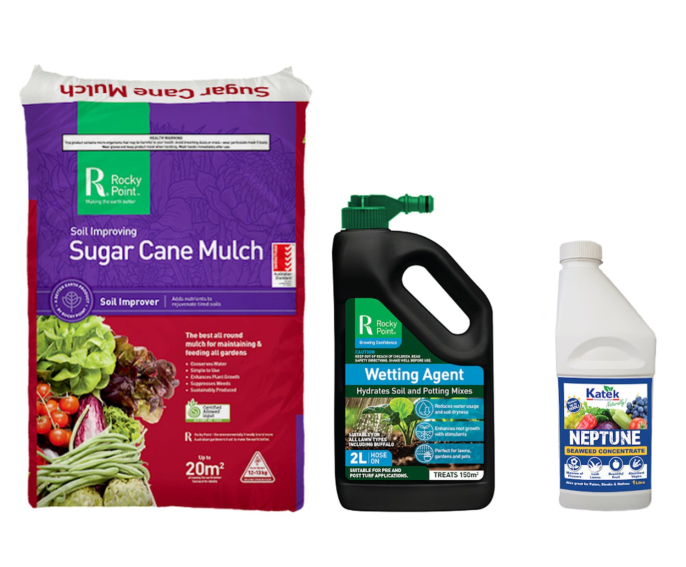 Sugar Cane Mulch, Wetting Agent 2L and Katek Neptune Seaweed Concentrate 1L
